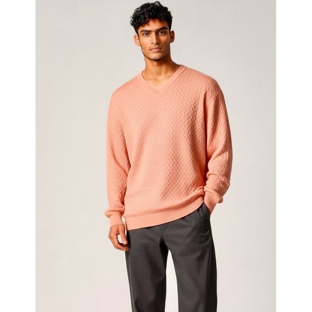 Alan Flusser Silk Cashmere Mens XL V-Neck Sweater Melon Cable Knit Textured Knit